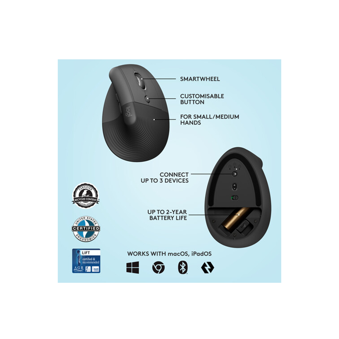 Logitech Lift Vertical Ergonomic Wireless Mouse - Graphite in Qatar Logitech Lift Vertical Ergonomic Wireless Mouse - Graphite in Qatar
